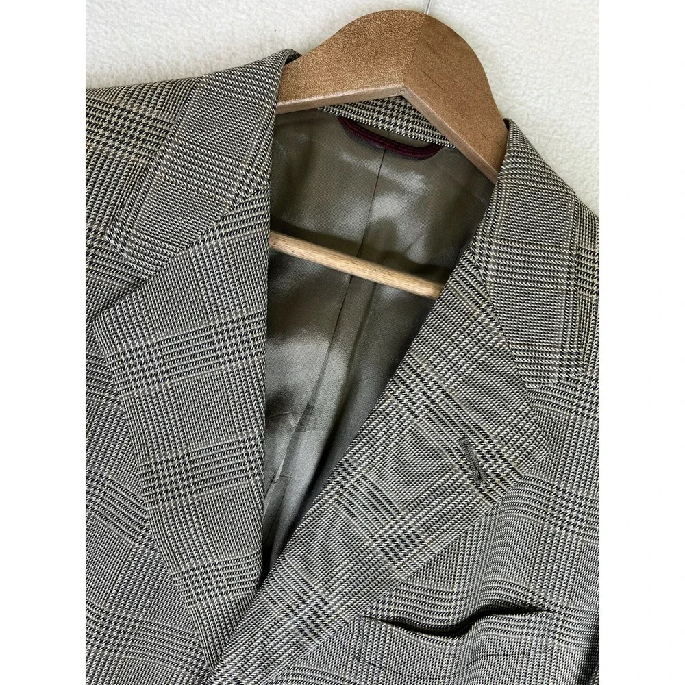 Hart Schaffner Marx Blazer Men's 42R Beige Plaid Check 3 Button Suit Jacket Wool